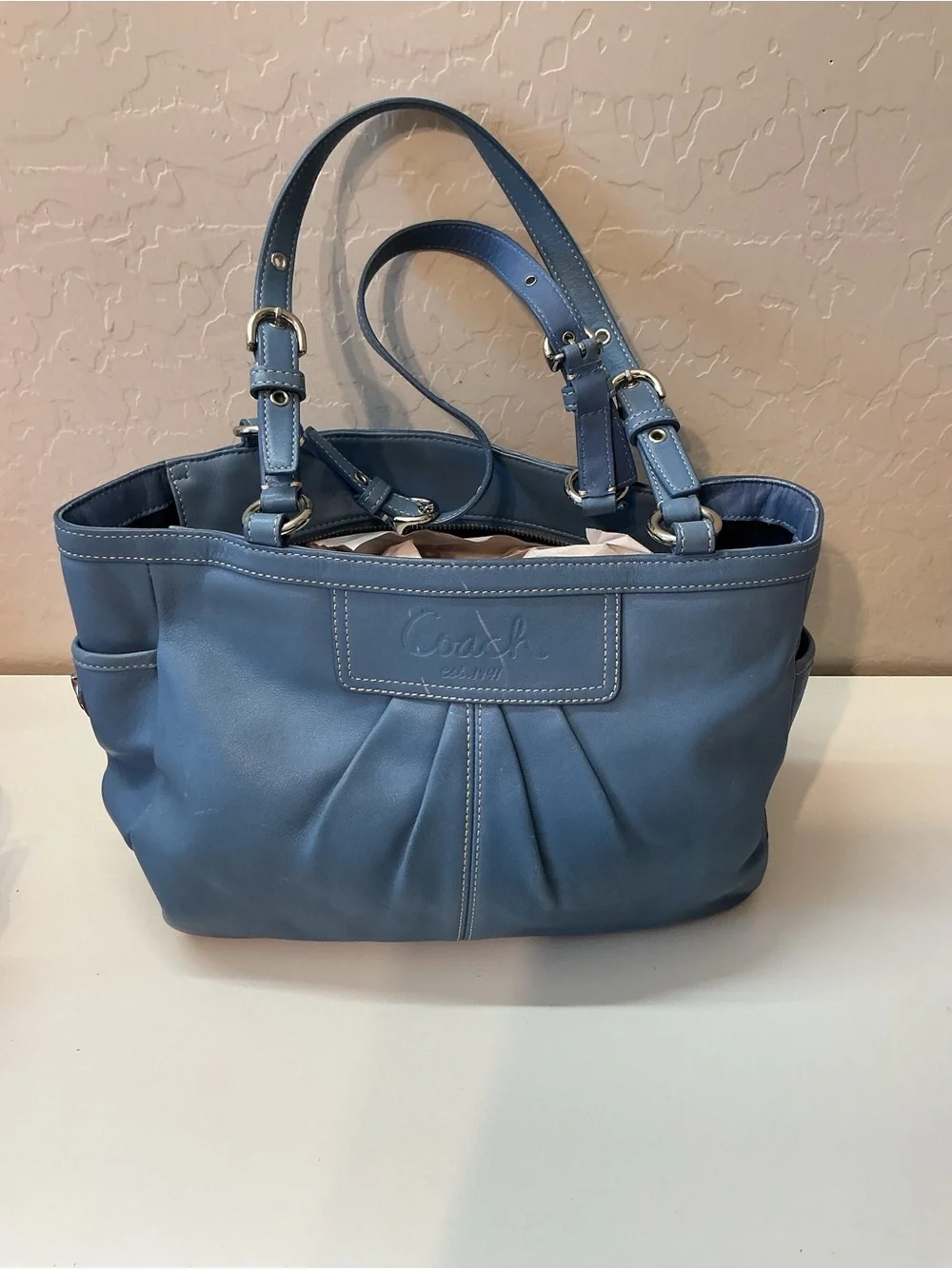 Coach East West Pleated Gallery Tote F13759 Blue Leather Shoulder Bag Y2K